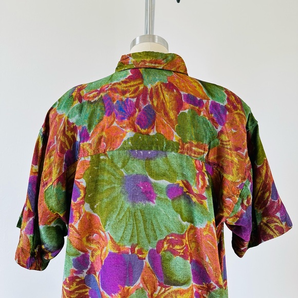 Vintage Tropical Leaf Button Down Blouse Purple